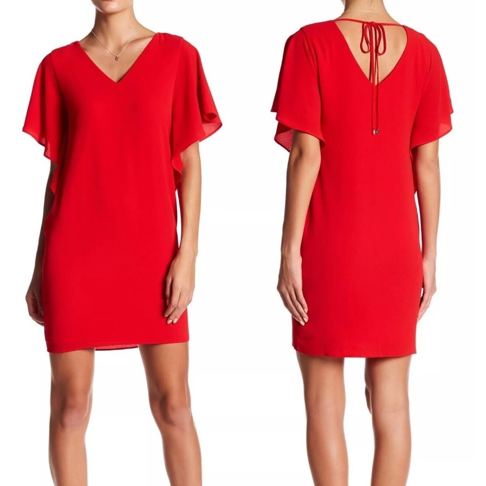 Eliza J. Womens NO7M2294 Red Flutter Sleeve V Neck Tie Back‎ Shift Dress Size 14